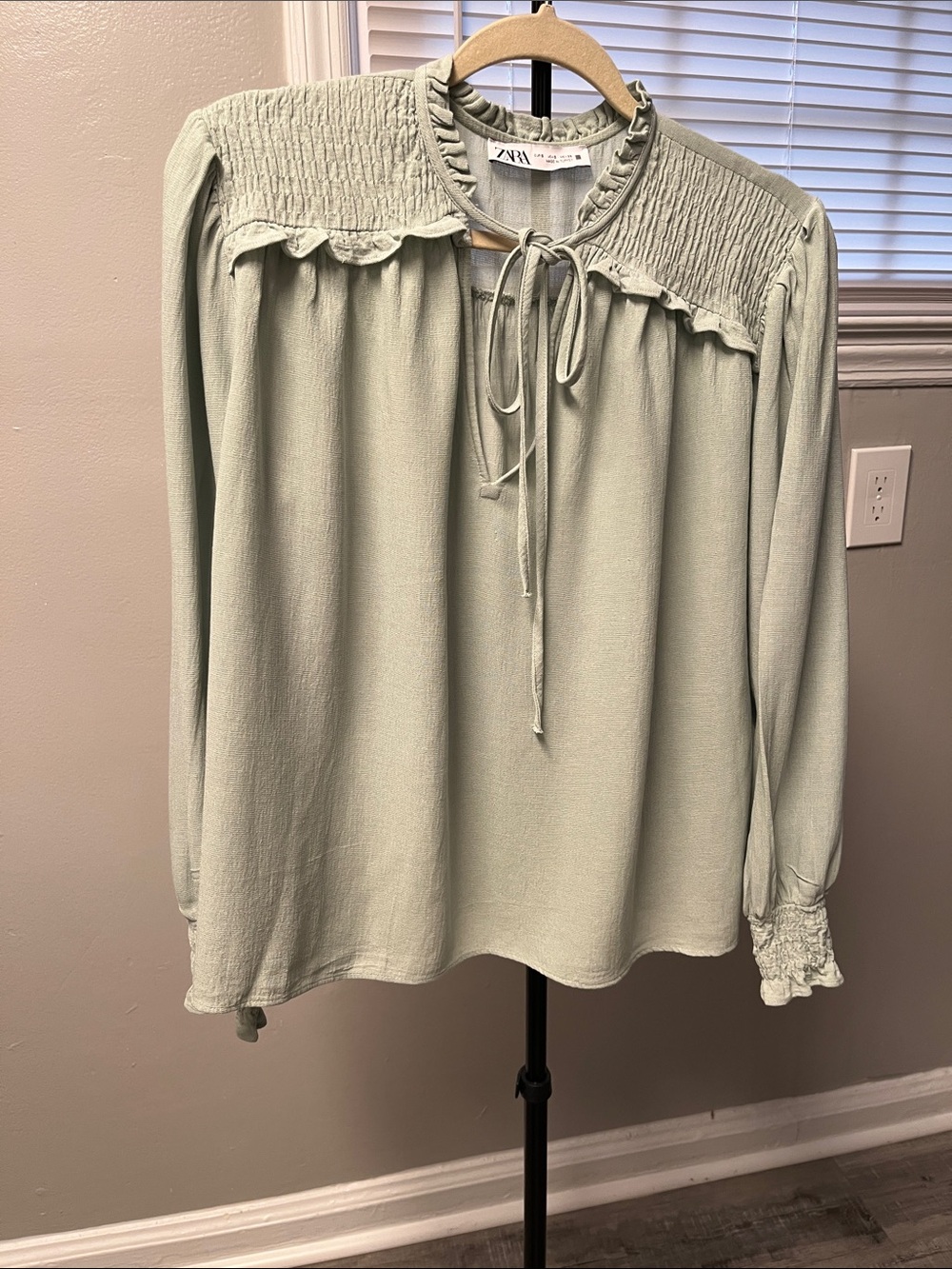 Zara Light Sage Green Tie-Front Smocked Yoke Blouse
